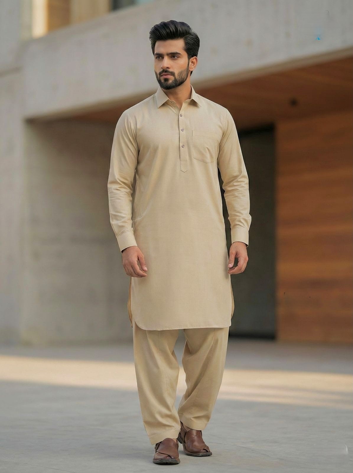 Men's Full Sleeve Pathani Kurta with Salwar – Wine Maroon